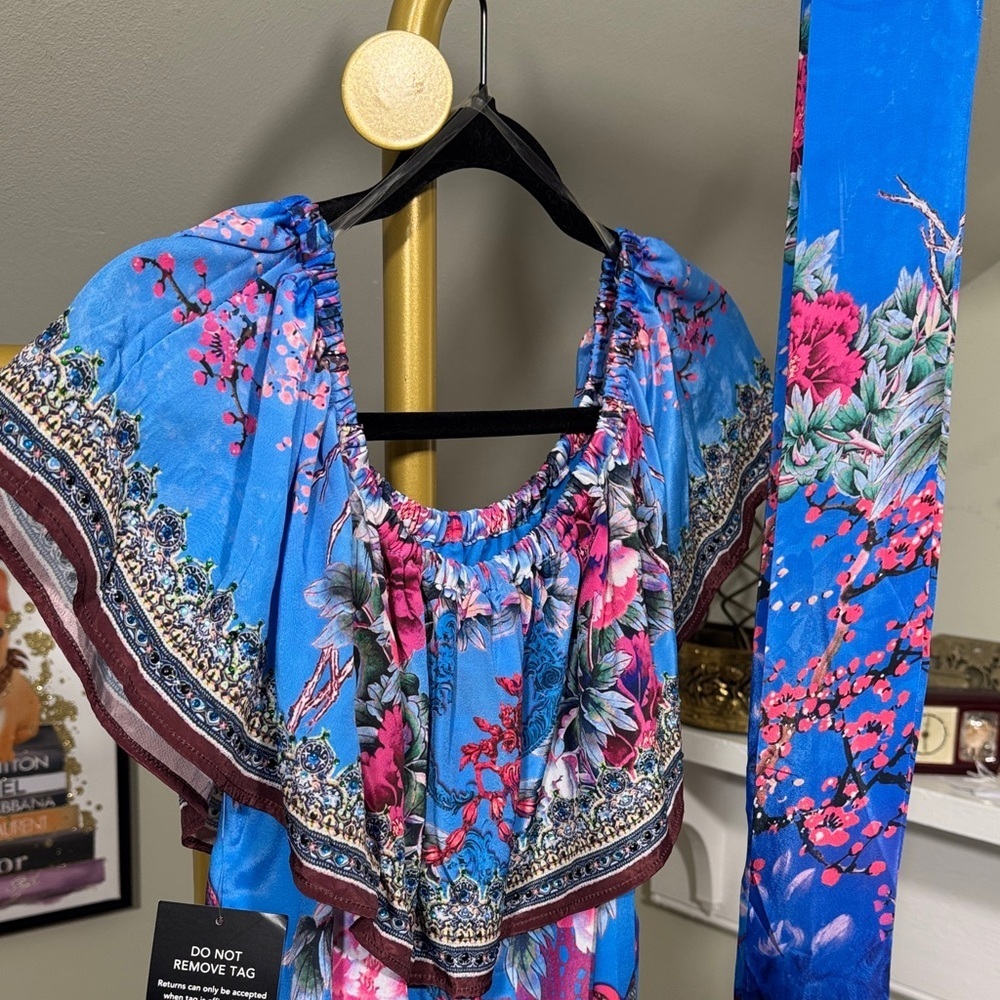 NWT Boston Proper Embellished Blue w/Pink Floral Maxi Dress w/Belt Camilla Vibe - Picture 11 of 16